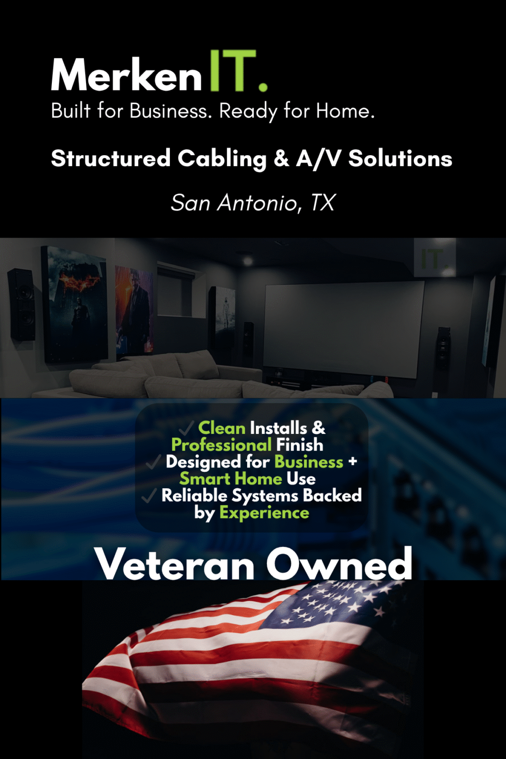 MerkenIT promotional graphic showing structured cabling and A/V solutions in San Antonio, with checklist of benefits and veteran-owned message.