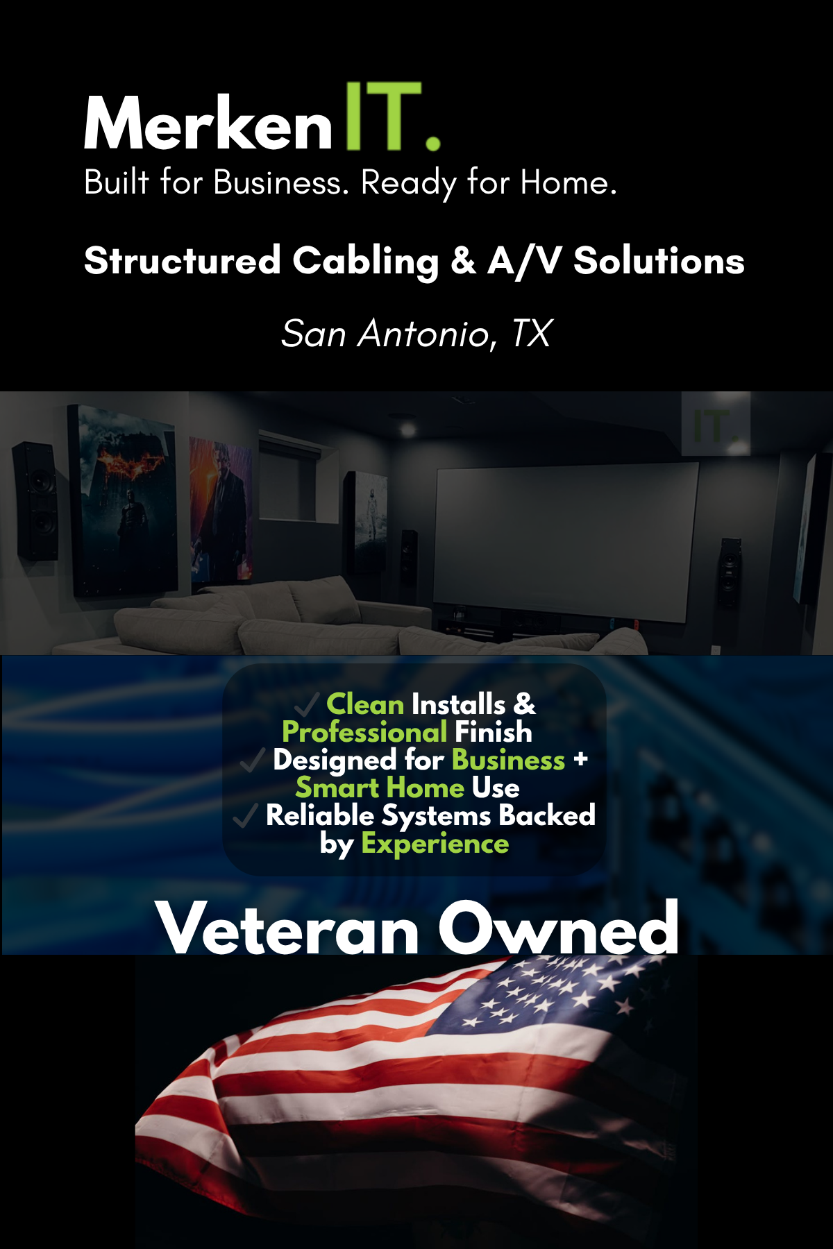 MerkenIT promotional graphic showing structured cabling and A/V solutions in San Antonio, with checklist of benefits and veteran-owned message.