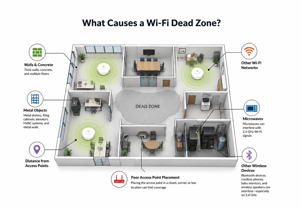 Wireless access points and common causes of Wi-Fi dead zones in an office network