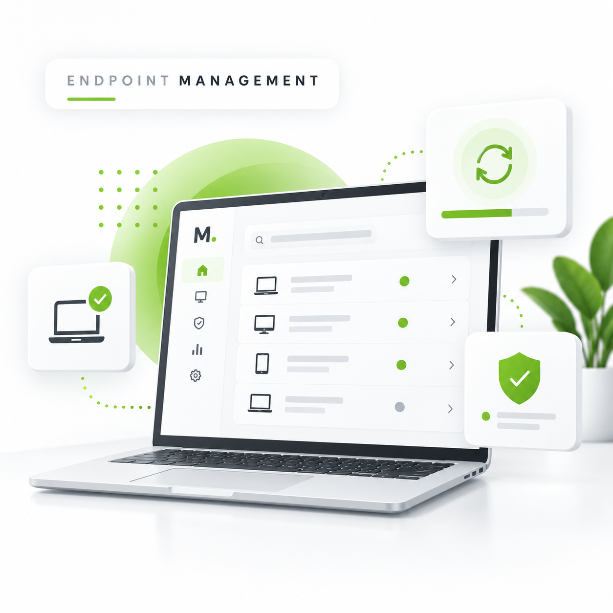 MITIS Endpoint Management illustration showing device monitoring, patching, updates, and endpoint protection
