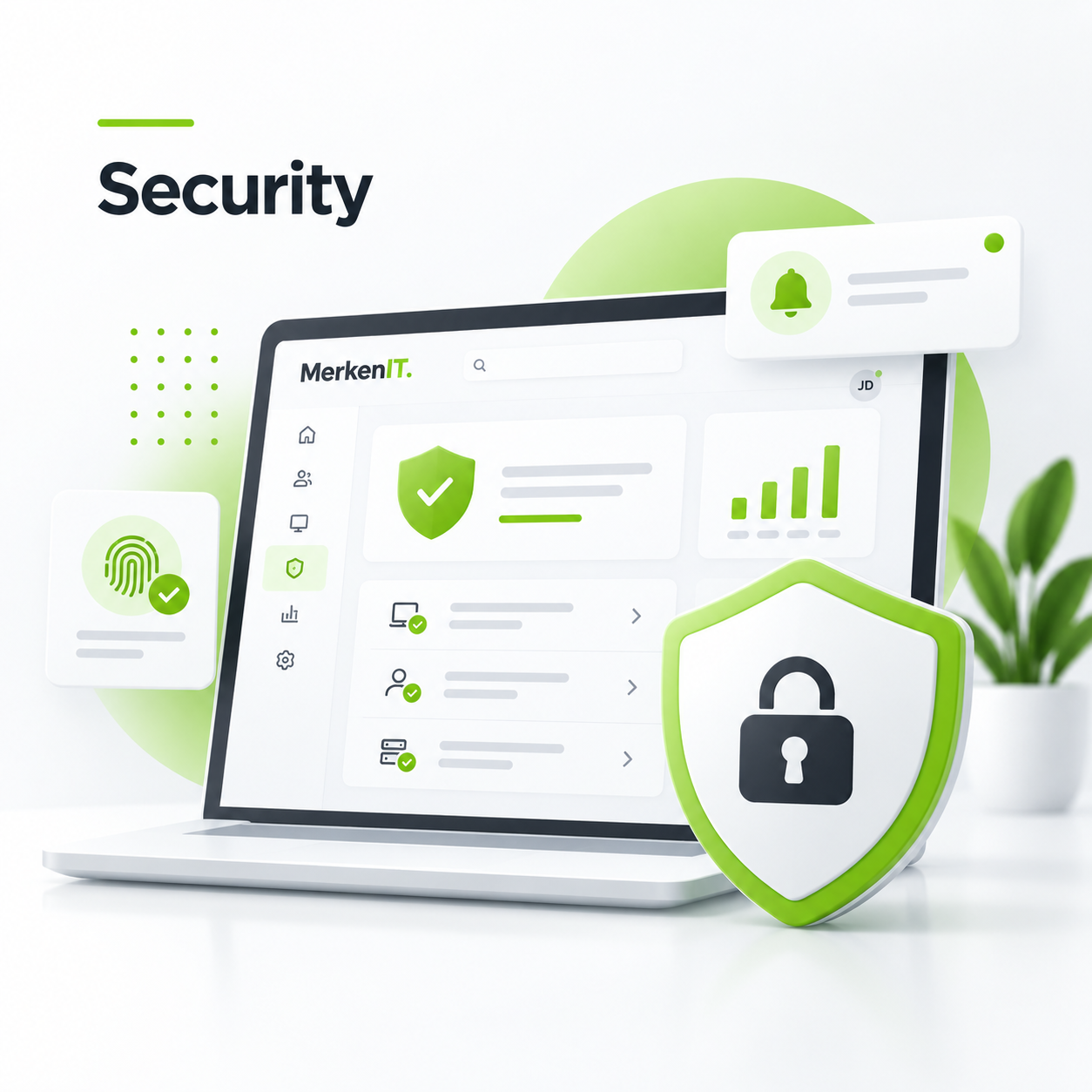 MITIS Security illustration showing a secure IT dashboard, shield, lock, identity protection, alerts, and monitoring