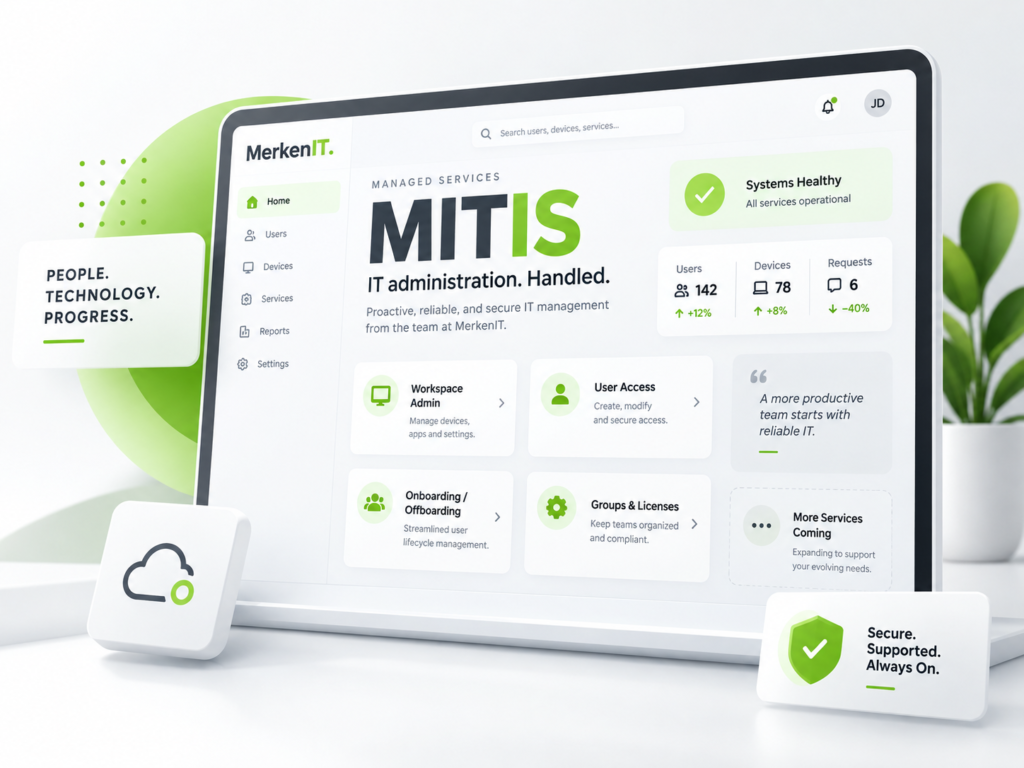 MITIS managed services dashboard illustration showing Workspace Admin, user access, onboarding, groups, licenses, and secure IT administration by MerkenIT