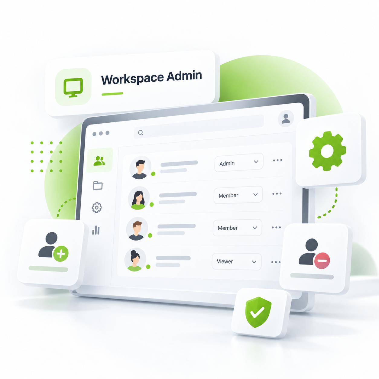 MITIS Workspace Admin illustration showing user accounts, role assignments, onboarding, offboarding, and access management