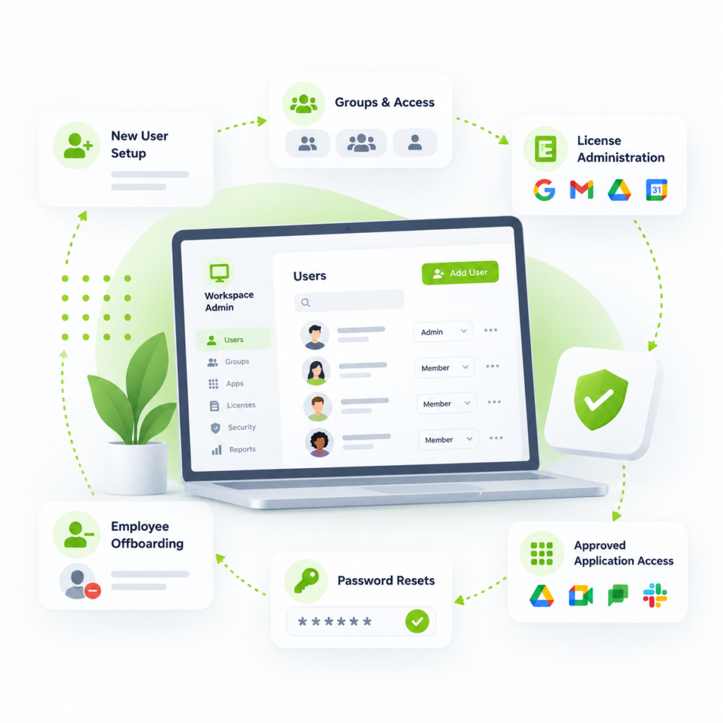 MITIS Workspace Admin lifecycle illustration showing user setup, groups and access, license administration, password resets, application access, and employee offboarding