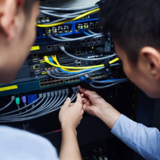 Young IT engineer inspecting network cable.